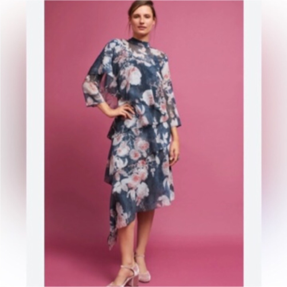 Anthropologie Hemant and Nandita gray floral asymmetrical hem dress S